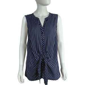Allie Rose Navy Blue & White Striped Sleeveless Tied Front Button Down
